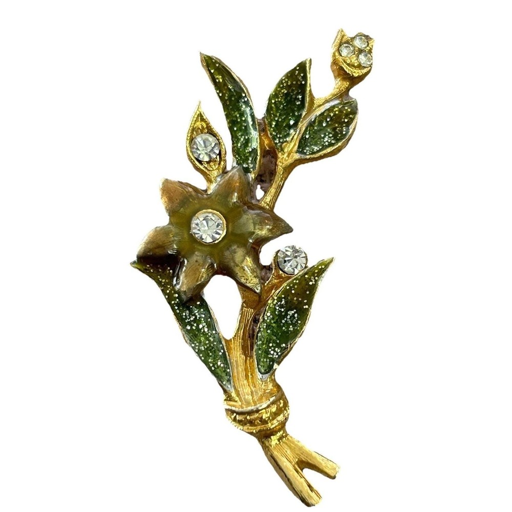 Vintage Rhinestone And Enamel Flower Unsigned Brooch Pin